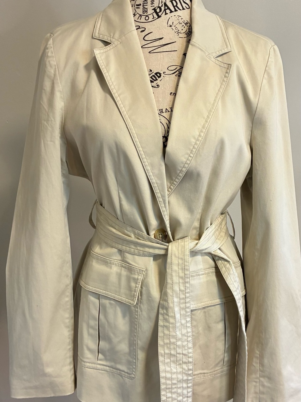 Tan Trench Blazer style Jacket, Size M. Button close w/ Belt. EUC.